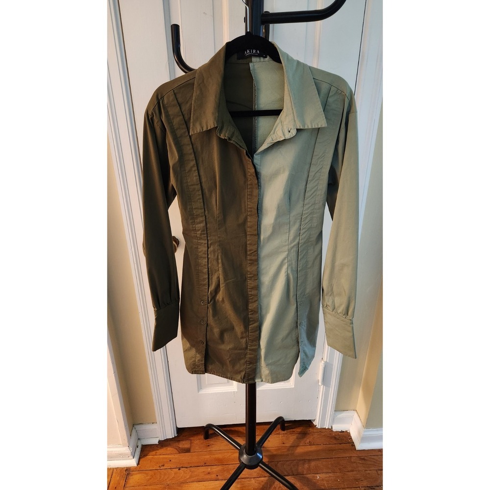 Akira Two Tone Womens Long Shirt /Dress Green Size M 100% Cotton Length 32 In
